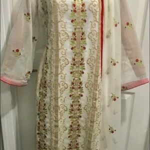 White georgette with light green and red work